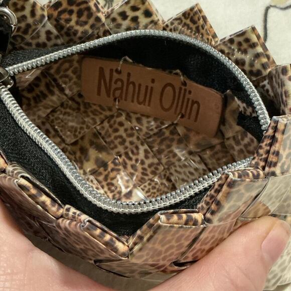 Nahui Ollin Wristlet Pouch Leopard Print Woven Recycled Candy Wrapper Coin Purse - Picture 2 of 9